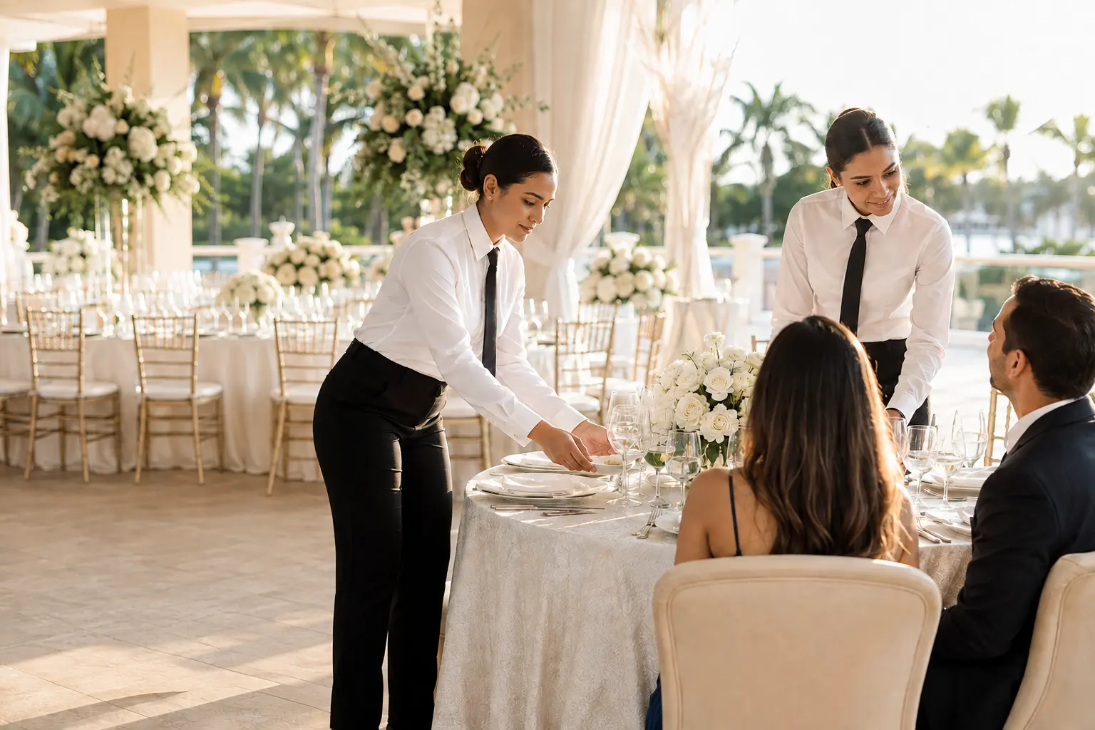 Professional servers providing attentive table service at an elegant wedding reception